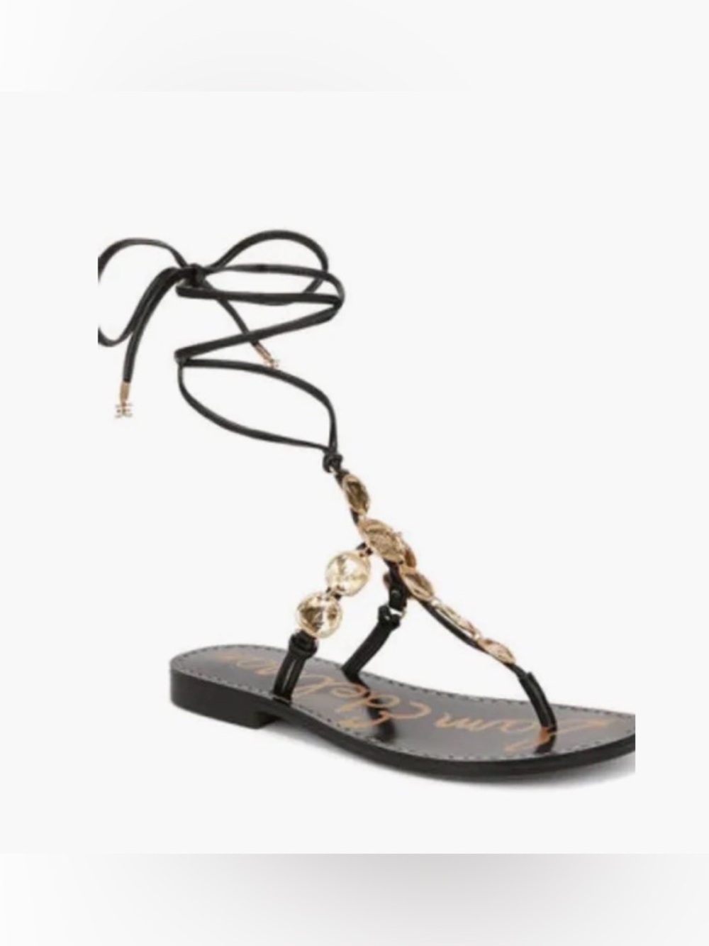 Sam Edelman Black Leather T-Strap Gladiator Sandals with Gold Discs - Picture 4 of 12